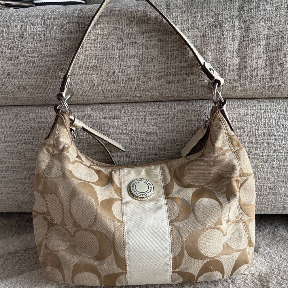 Coach Beige and Ivory Signature Shoulder Bag
